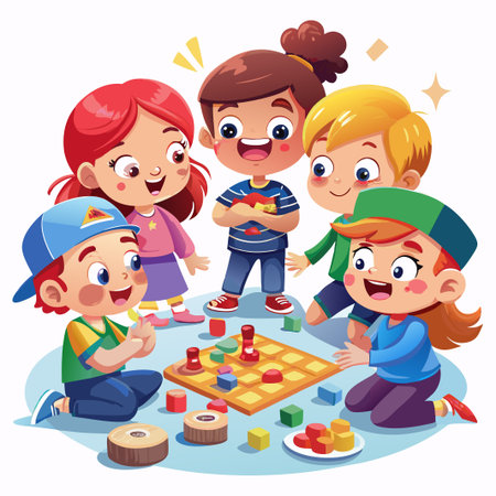 Four happy children playing a board game with colorful blocks and pieces.のイラスト素材
