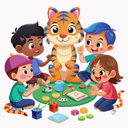 Four children playing with a tiger plush toy and toys.のイラスト素材