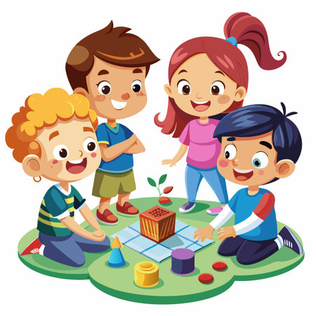 Four kids playing with colorful toys on a green mat.のイラスト素材