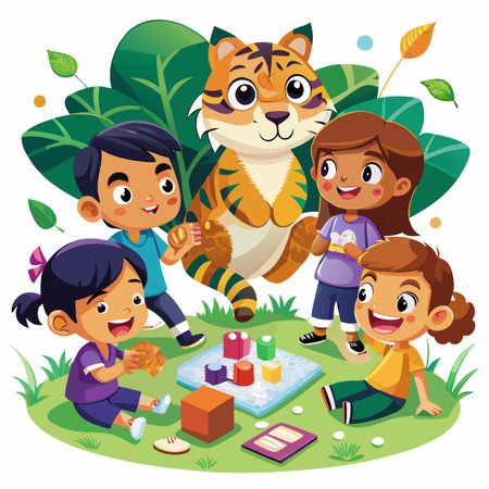 Cartoon children playing with a friendly tiger.のイラスト素材