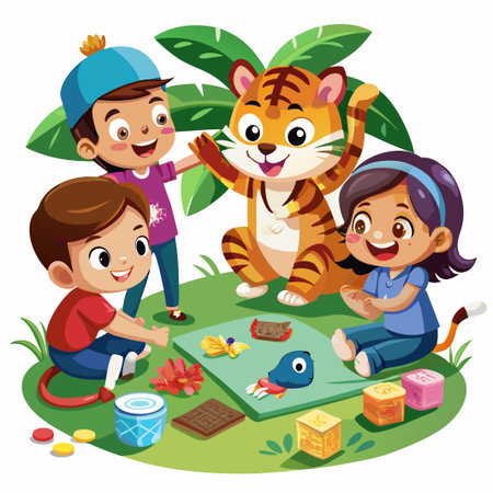 Three happy children play with a tiger in a grassy field.のイラスト素材