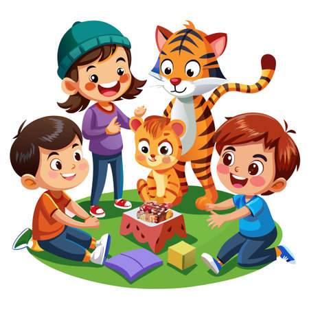 Three kids playing with two cartoon tigers on a green patch of grass, one kid wearing a blue hat.のイラスト素材