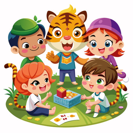 Happy kids playing with a tiger in a park.のイラスト素材