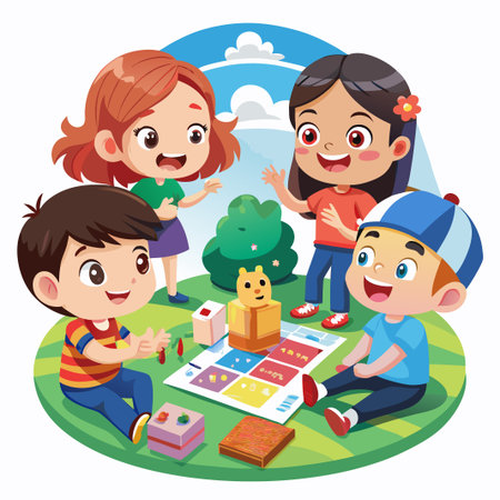 Four kids sitting on the ground, playing a game with a board and colorful squares, with toy characters.のイラスト素材