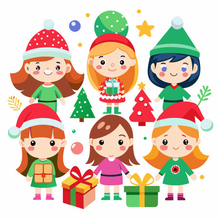 Six cartoon girls with Christmas hats, dresses, and presents.のイラスト素材