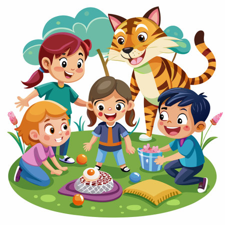 Happy children playing with a tiger in the park.のイラスト素材