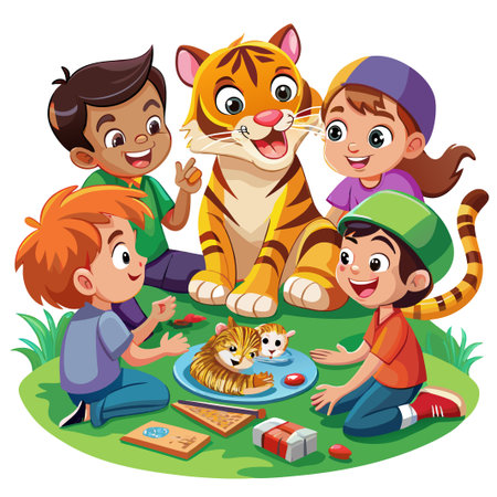 A cartoon tiger sits with four children in a green field, playing a game.のイラスト素材