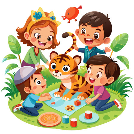 Four happy cartoon kids having picnic with a tiger on a green grass.のイラスト素材