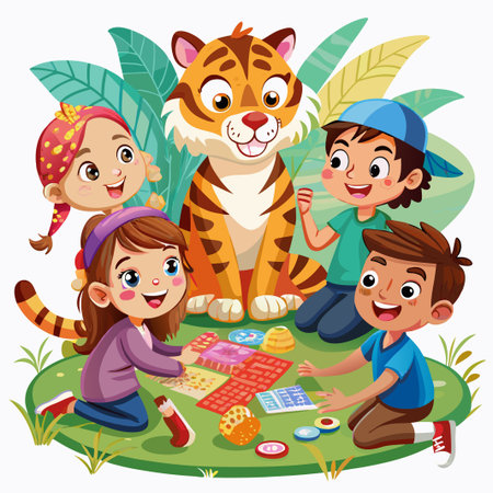 Four children are playing a board game with a tiger watching them.のイラスト素材