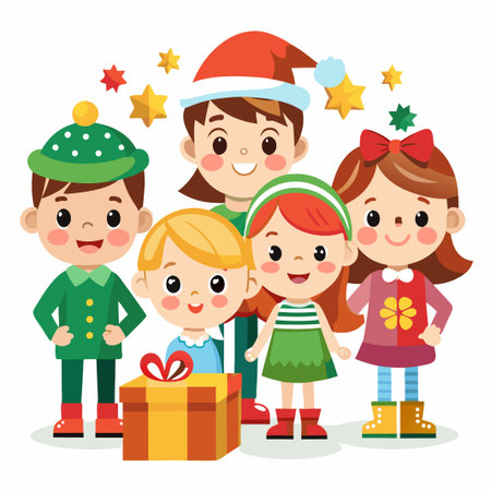 Five cute children in winter clothes holding a gift box with red ribbon and stars.のイラスト素材