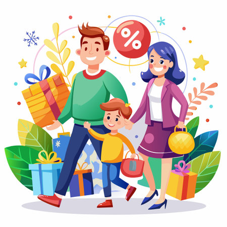 Happy family with gifts and discount sign.のイラスト素材