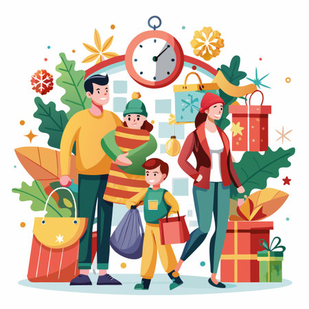 Happy family with Christmas gifts.のイラスト素材