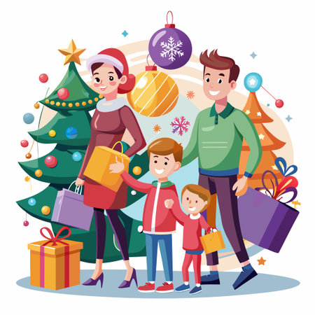Happy family with shopping bags and Christmas tree.のイラスト素材