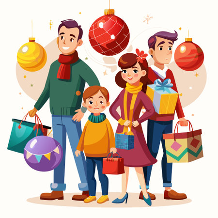 Happy family with shopping bags and gifts for Christmas celebration.のイラスト素材