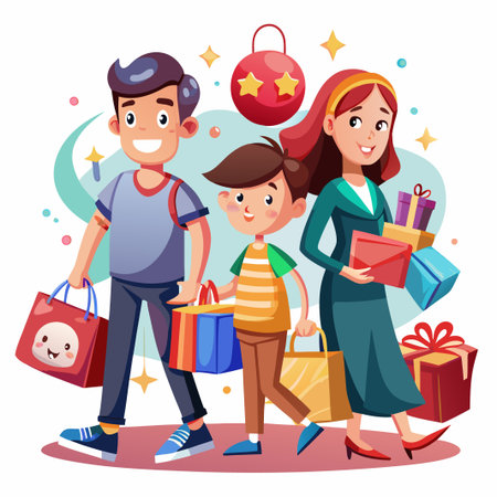 Happy family of three shopping together with shopping bags and gifts.のイラスト素材