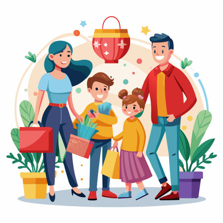 Happy family of four holding shopping bags with a red lantern hanging above.のイラスト素材