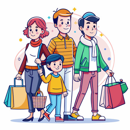 Happy family carrying shopping bags after successful shopping.のイラスト素材
