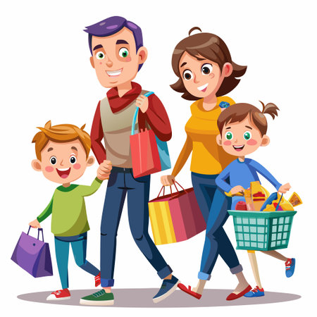 Happy family of four shopping together.のイラスト素材
