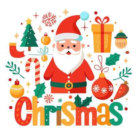 Christmas illustration with Santa Claus, tree, ornaments and gifts.のイラスト素材