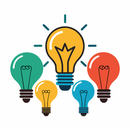 Illustration of five light bulbs with a yellow one in the middle and four colored ones surrounding it.のイラスト素材