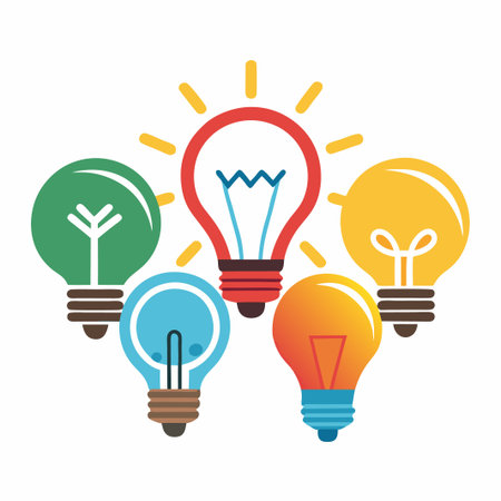 Five colorful light bulbs with one glowing brightly, symbolizing ideas.のイラスト素材