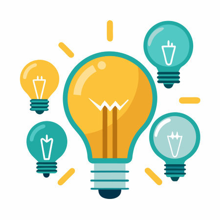 One large yellow light bulb surrounded by four smaller blue light bulbs on a white background.のイラスト素材