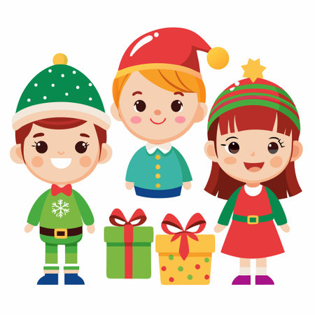 Three smiling Christmas elves, one with a green sweater, one with a blue sweater, and one with a red dress, holding presents.のイラスト素材