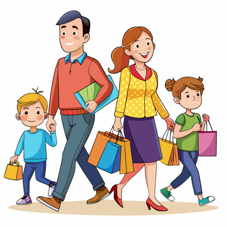 Happy family of four walking together while shopping.のイラスト素材