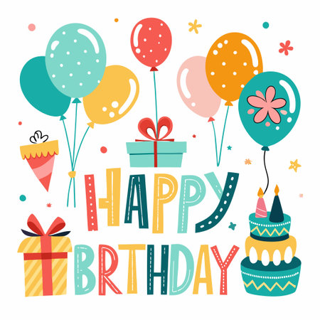 Colorful Happy Birthday card with balloons, cake, and gifts.のイラスト素材