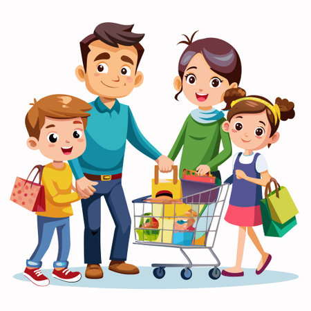 A happy family with a full shopping cart and bags, walking together.のイラスト素材