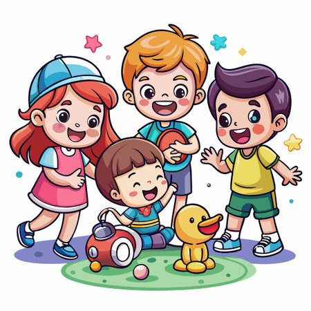 Four happy cartoon kids playing in a park with a red toy car, a yellow duck, and a ball.のイラスト素材