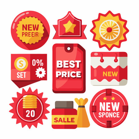 Set of red and yellow flat design discount labels with different text.のイラスト素材