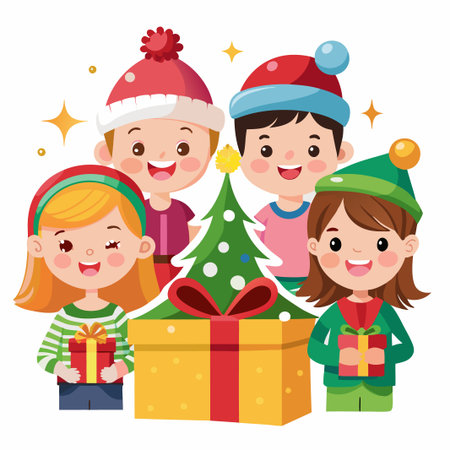 Four children are standing around a decorated Christmas tree and holding gifts.のイラスト素材
