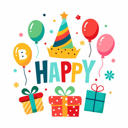 Happy Birthday greeting card with colorful balloons, gifts, and party hat.のイラスト素材
