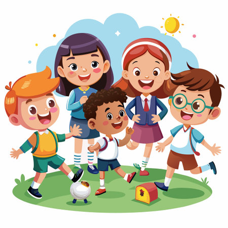 Happy school kids playing outdoors with a soccer ball.のイラスト素材