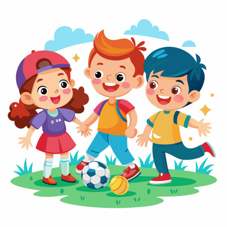 Three happy kids playing in a park with a soccer ball and a smaller ball.のイラスト素材