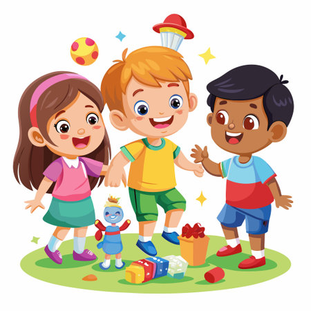 Three happy kids smiling and playing together.のイラスト素材