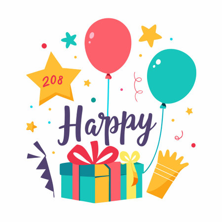 Colorful happy birthday celebration with gift box, balloons and confetti.のイラスト素材