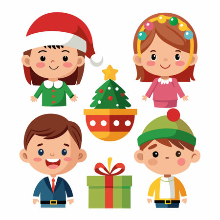 Cute cartoon children celebrating Christmas with a gift, tree, and festive attire.のイラスト素材