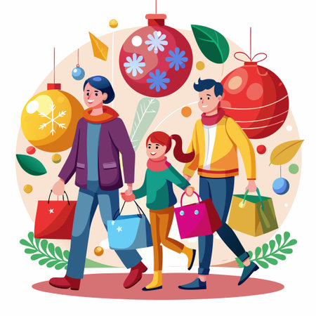 Family Christmas shopping together, carrying bags, decorated ornaments.のイラスト素材