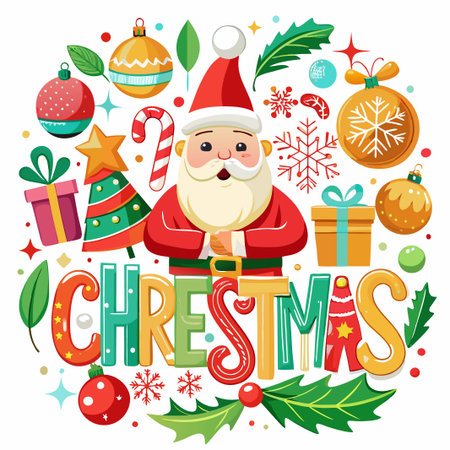 Cheerful Christmas illustration with Santa Claus, presents, ornaments and the word "Christmas" in colorful letters.のイラスト素材