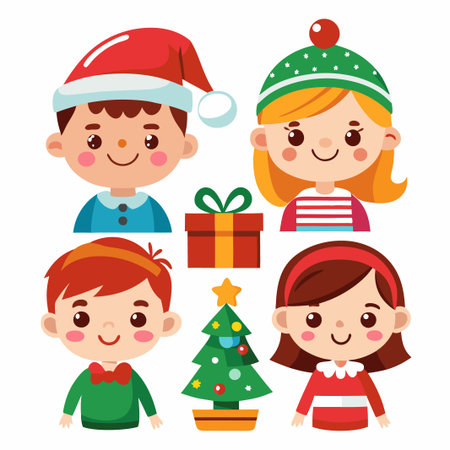 Four smiling kids dressed in winter outfits for Christmas with a Christmas tree and a gift box.のイラスト素材