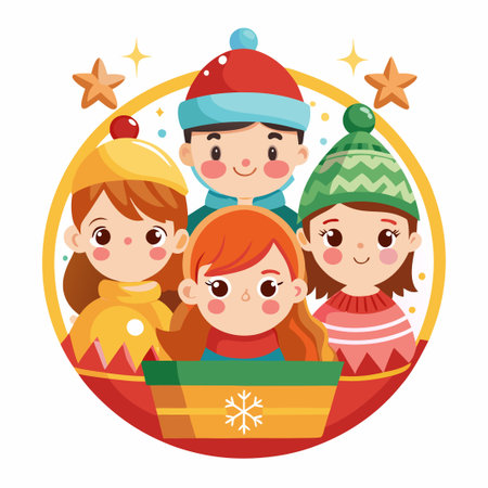 Cute cartoon kids in winter hats and scarves looking happy, isolated on white background.のイラスト素材