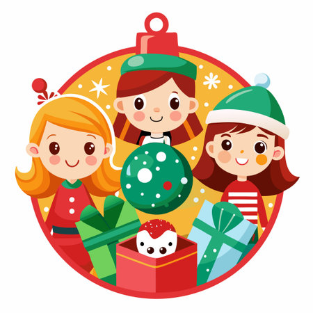 Three girls with christmas ornaments, presents and a snowman.のイラスト素材
