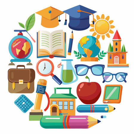 Colorful school supplies and educational items in a circle.のイラスト素材