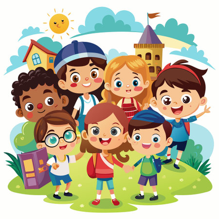 Group of happy kids in a cartoon style outdoors.のイラスト素材