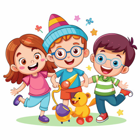 Happy kids with toy bear cartoon illustration.のイラスト素材