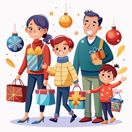 Happy family with shopping bags and gifts, Christmas shopping.のイラスト素材