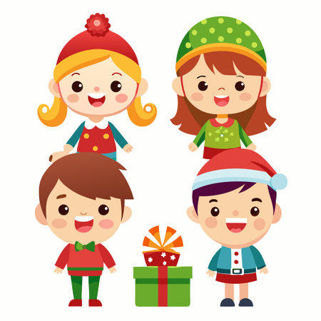 Four happy cartoon children, two boys and two girls, dressed in Christmas-themed clothing, stand in front of a gift.のイラスト素材