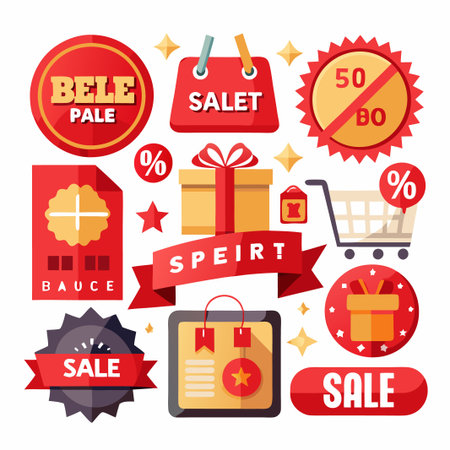 Collection of sale, discount, and shopping icons in flat style.のイラスト素材